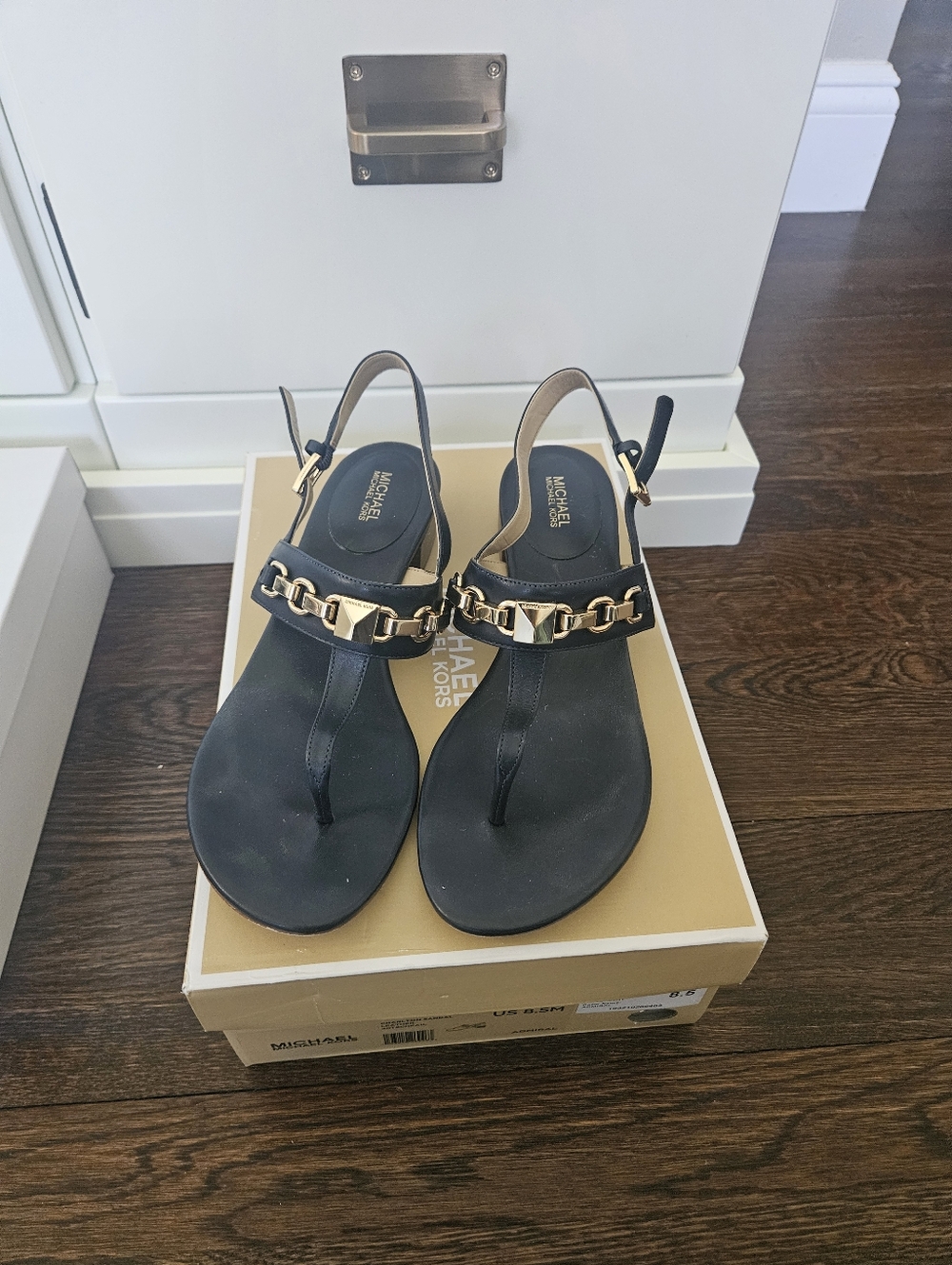 Michael Kors Navy Slingback Thong Sandals with Gold Chain